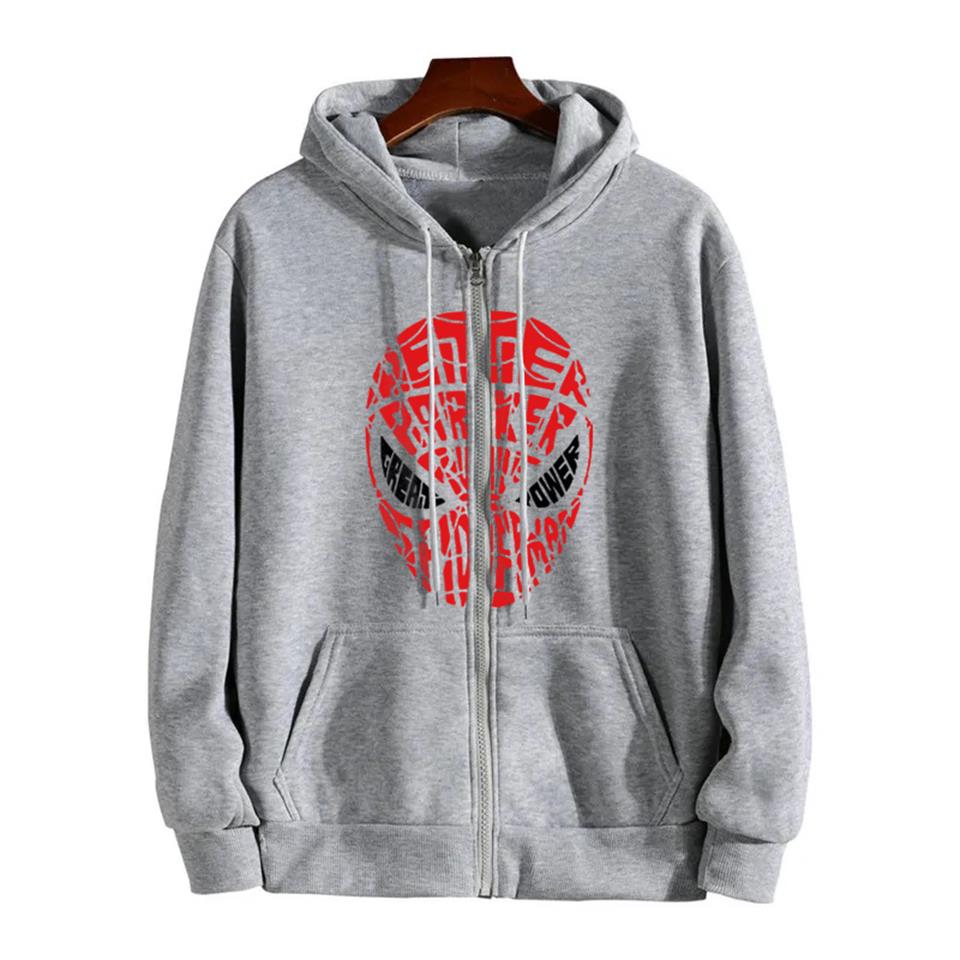 ESC BUTİK Spider-Man Head Baskılı Oversize Fermuarlı Gri Unisex Kapüşonlu Hırka