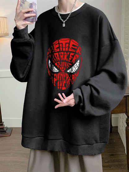 ESC BUTİK Spider-Man Head Baskılı Siyah Unisex Oversize Bisiklet Yaka Sweatshirt