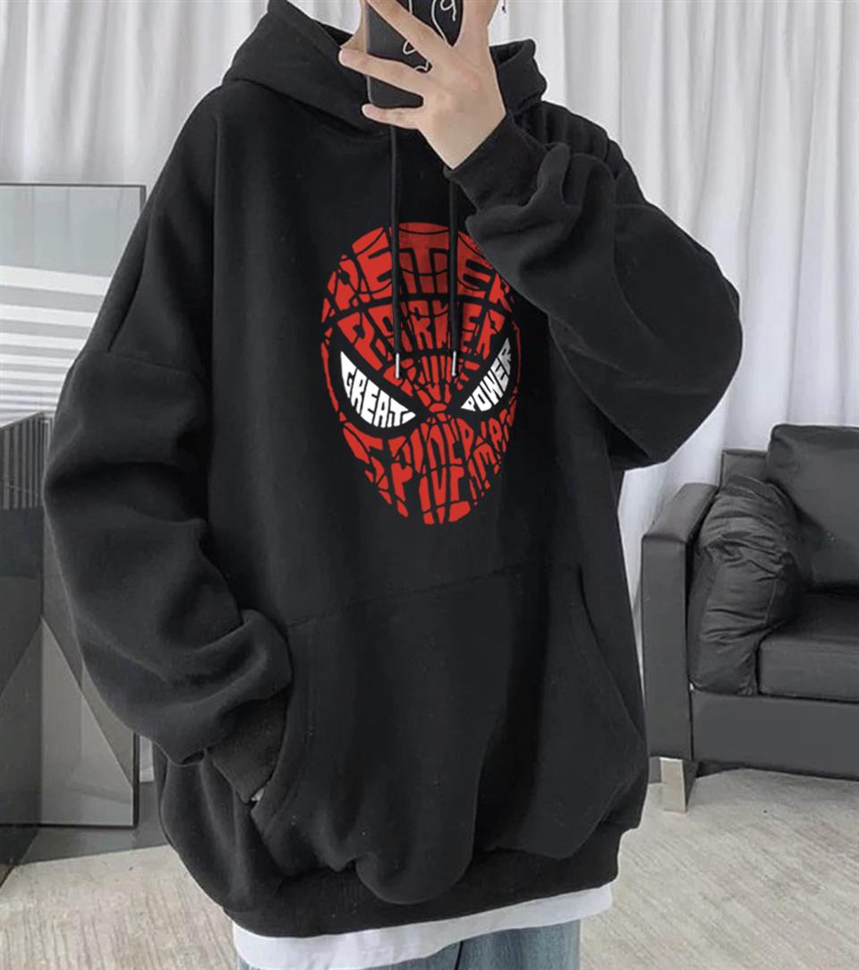 ESC BUTİK Spider-Man Head Baskılı Siyah Unisex Oversize Kapüşonlu Sweatshirt