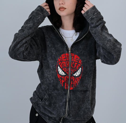 ESC BUTİK Spider-Man Head Baskılı Vintage Yıkamalı Full Zip Detail Unisex Oversize Kapüşonlu Hırka