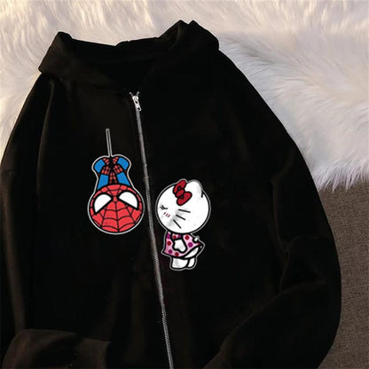 ESC BUTİK Spider-Man & Hello Kitty Baskılı Oversize Fermuarlı Siyah Unisex Kapüşonlu Hırka