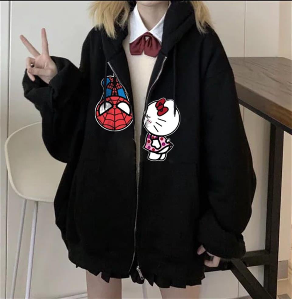 ESC BUTİK Spider-Man & Hello Kitty Baskılı Oversize Fermuarlı Siyah Unisex Kapüşonlu Hırka