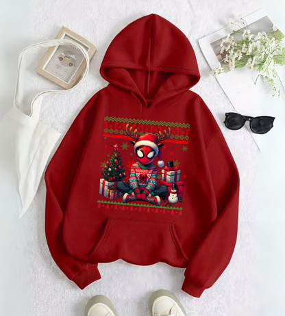 ESC BUTİK Spider Man Merry Christmas Baskılı Kapşonlu Sweatshirt