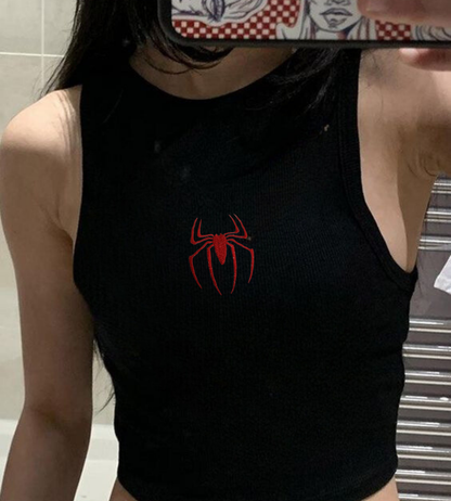 ESC BUTİK Spider Nakışlı Siyah Halter Yaka Kaşkorse Crop Top