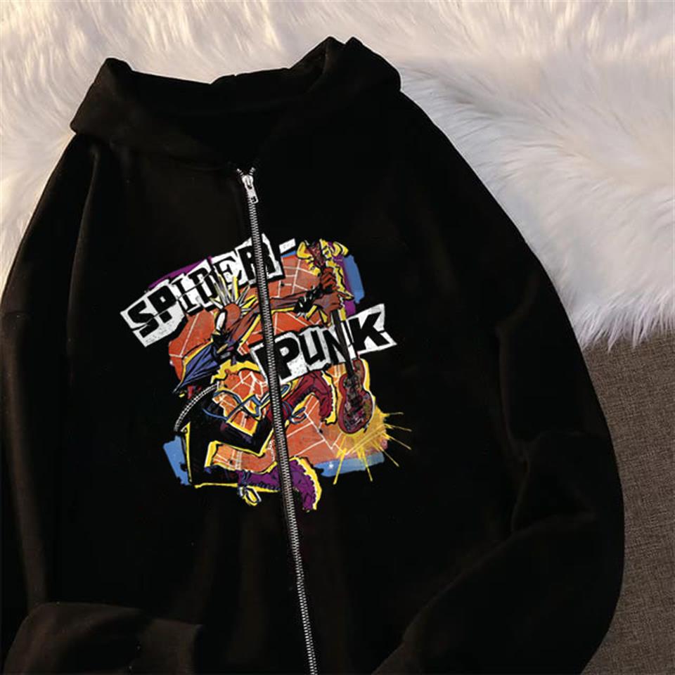 ESC BUTİK Spider Punk Baskılı Oversize Fermuarlı Siyah Unisex Kapüşonlu Hırka