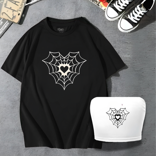 ESC BUTİK Spider Web Detail Couple T-Shirt & Croptop