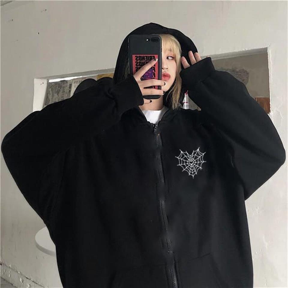 ESC BUTİK Spider Web Heart Baskılı Oversize Fermuarlı Siyah Unisex Kapüşonlu Hırka