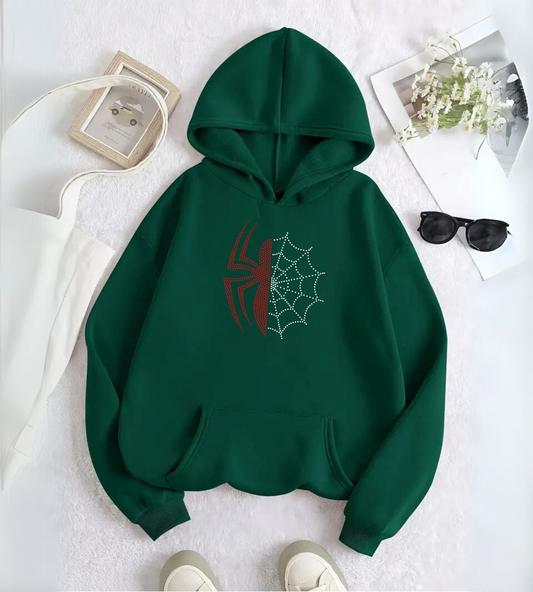 ESC BUTİK Spider Web Taş İşleme Detail Baskılı Kapşonlu Sweatshirt