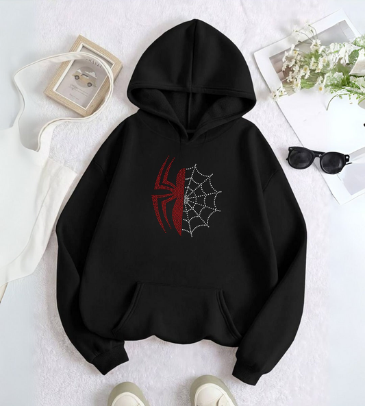 ESC BUTİK Spider Web Taş İşleme Detail Baskılı Kapşonlu Sweatshirt