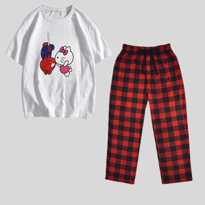 ESC BUTİK Spider&Hello Kitty Baskılı Siyah Unisex Oversize Kısa Kol  Alt Üst 2 L.i Takım