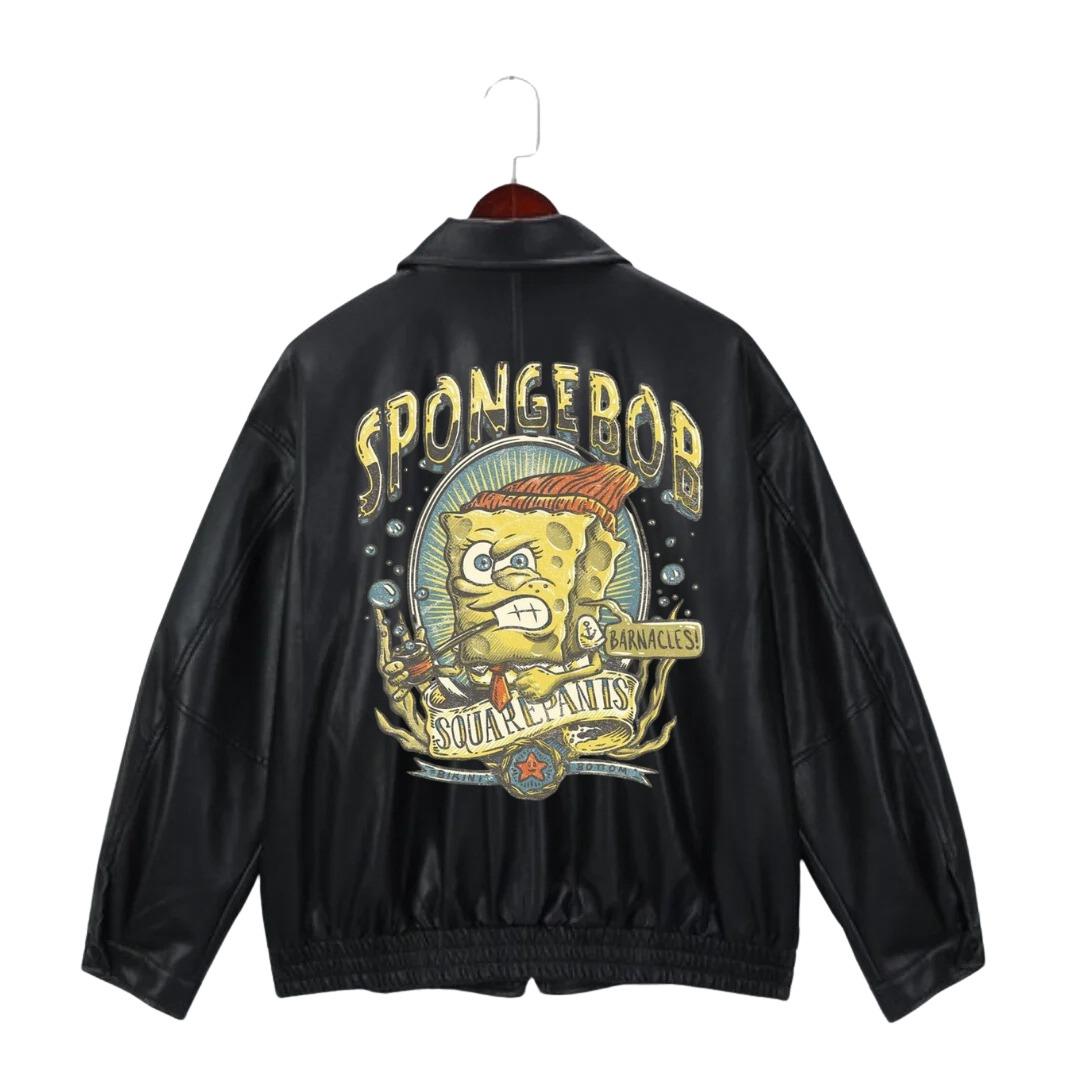 ESC BUTİK Sponge Bob Retro Baskılı Streetwear Siyah Oversize Unisex Astarlı Deri Ceket