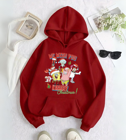 ESC BUTİK SpongeBob Friends Merry Christmas Baskılı Kapşonlu Sweatshirt