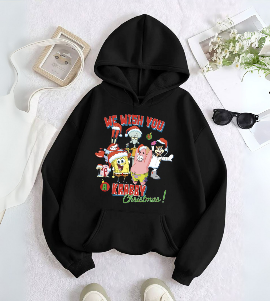 ESC BUTİK SpongeBob Friends Merry Christmas Baskılı Kapşonlu Sweatshirt