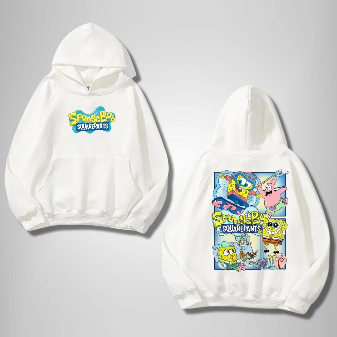 ESC BUTİK SpongeBob Friends Ön Arka Baskılı Beyaz Kapşonlu Sweatshirt