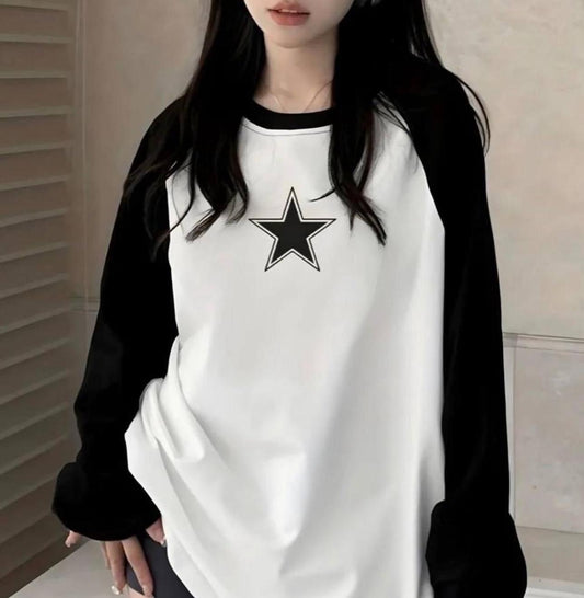 ESC BUTİK Star Reglan Uzun Kollu Beyaz T-Shirt