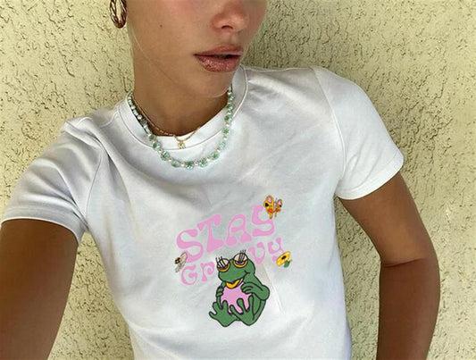 ESC BUTİK Stay Groovy Frog Baskılı Beyaz Crop