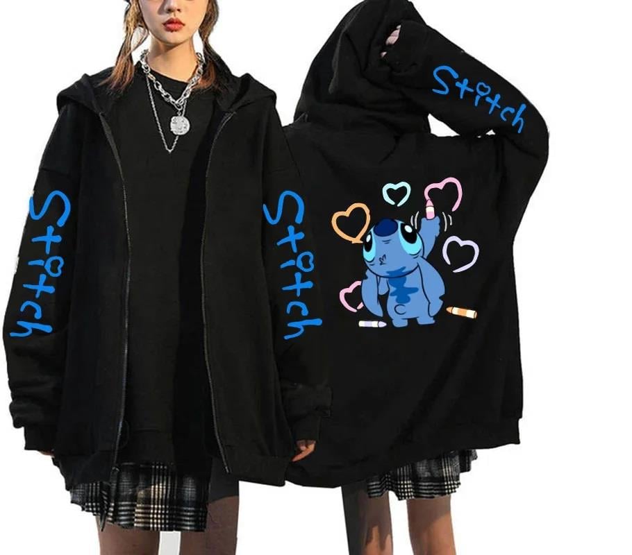 ESC BUTİK Stitch Baskılı Oversize Fermuarlı Siyah Unisex Kapüşonlu Hırka