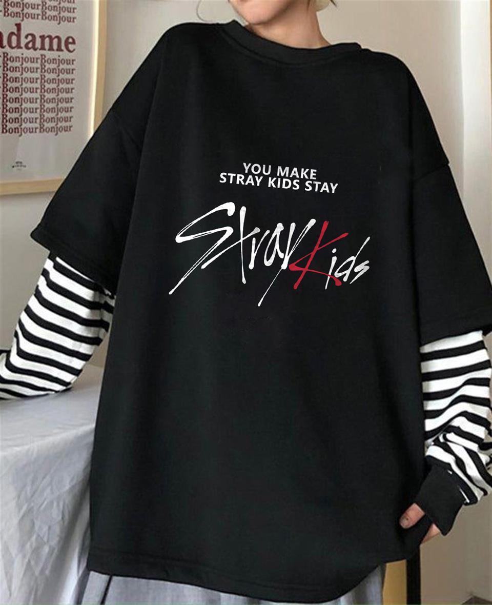 ESC BUTİK Stray Kids Baskılı Fake Sleeves Unisex Siyah T-shirt