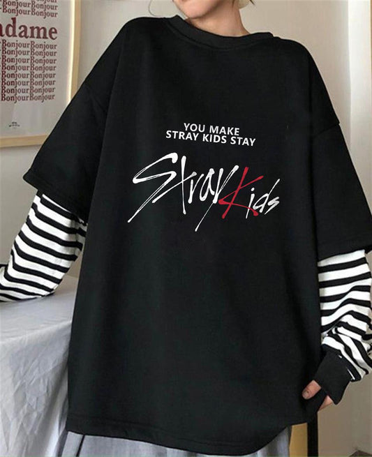 ESC BUTİK Stray Kids Baskılı Fake Sleeves Unisex Siyah T-shirt