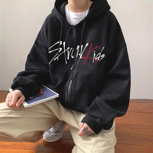 ESC BUTİK Stray Kids Baskılı Oversize Fermuarlı Siyah Unisex Kapüşonlu Hırka