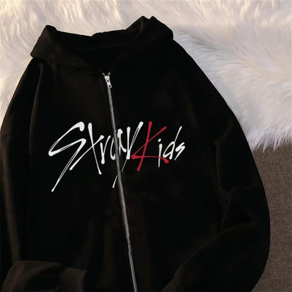 ESC BUTİK Stray Kids Baskılı Oversize Fermuarlı Siyah Unisex Kapüşonlu Hırka