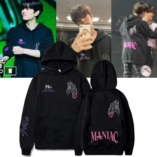 ESC BUTİK Stray Kids Maniac Ön-Arka ve Kol Baskılı Siyah Unisex Oversize Kapüşonlu Sweatshirt