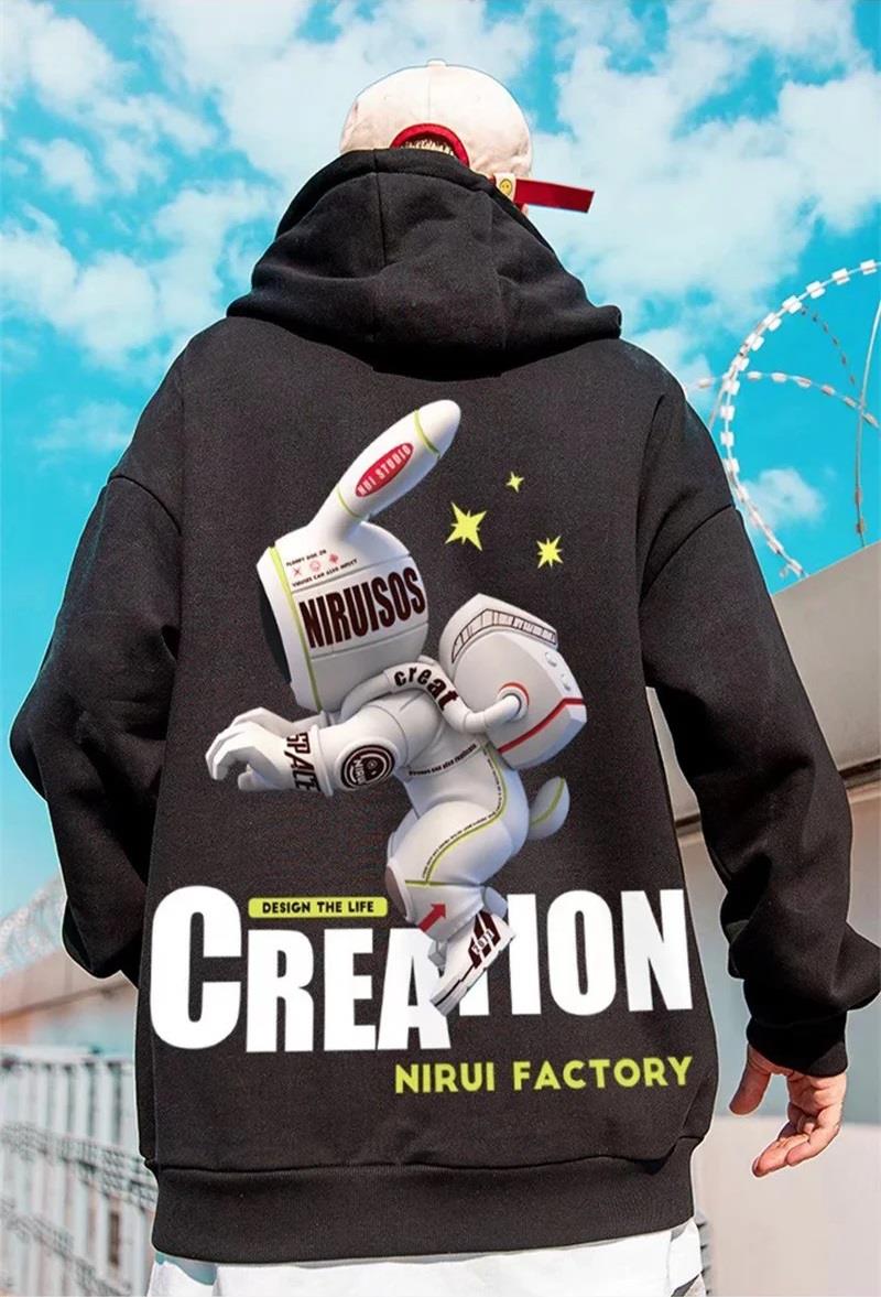 ESC BUTİK Street Wear Alien Rabbit Baskılı Oversize Unisex Siyah Kapşonlu Hoodie Sweatshirt