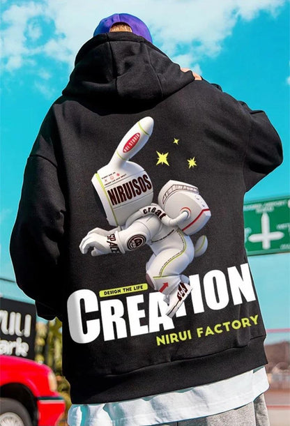 ESC BUTİK Street Wear Alien Rabbit Baskılı Oversize Unisex Siyah Kapşonlu Hoodie Sweatshirt