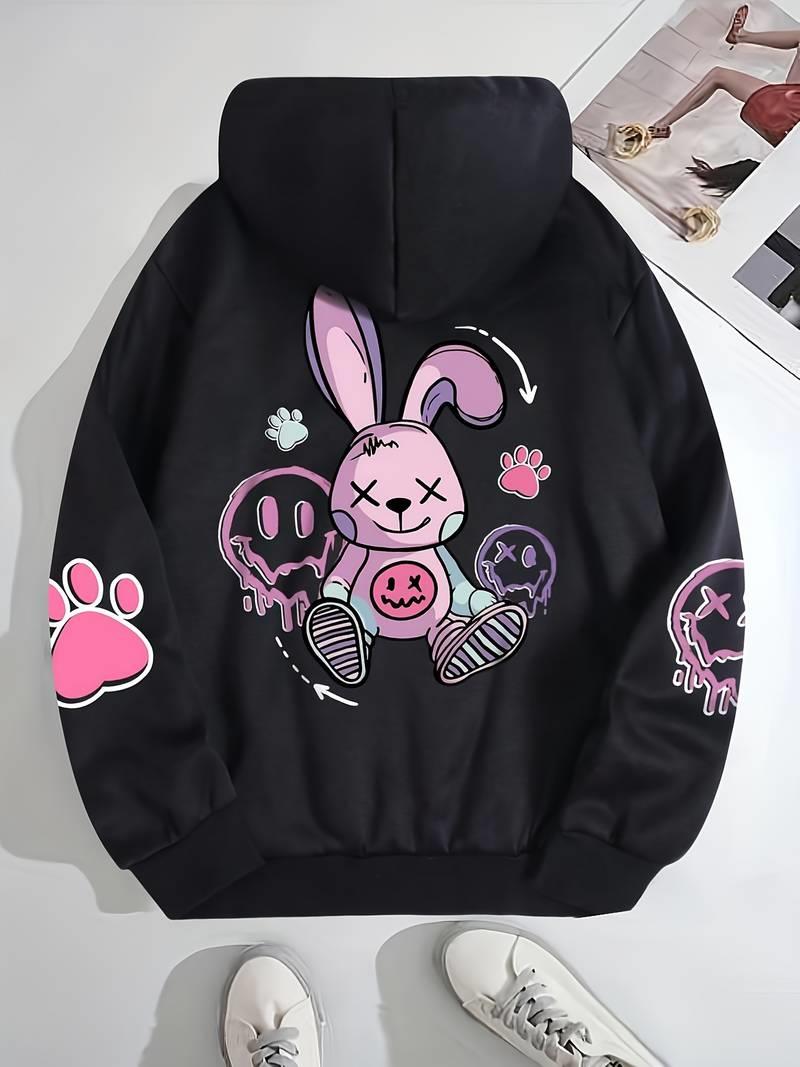 ESC BUTİK Street Wear Cartoon Rabbit Baskılı Oversize Unisex Siyah Kapşonlu Hoodie Sweatshirt