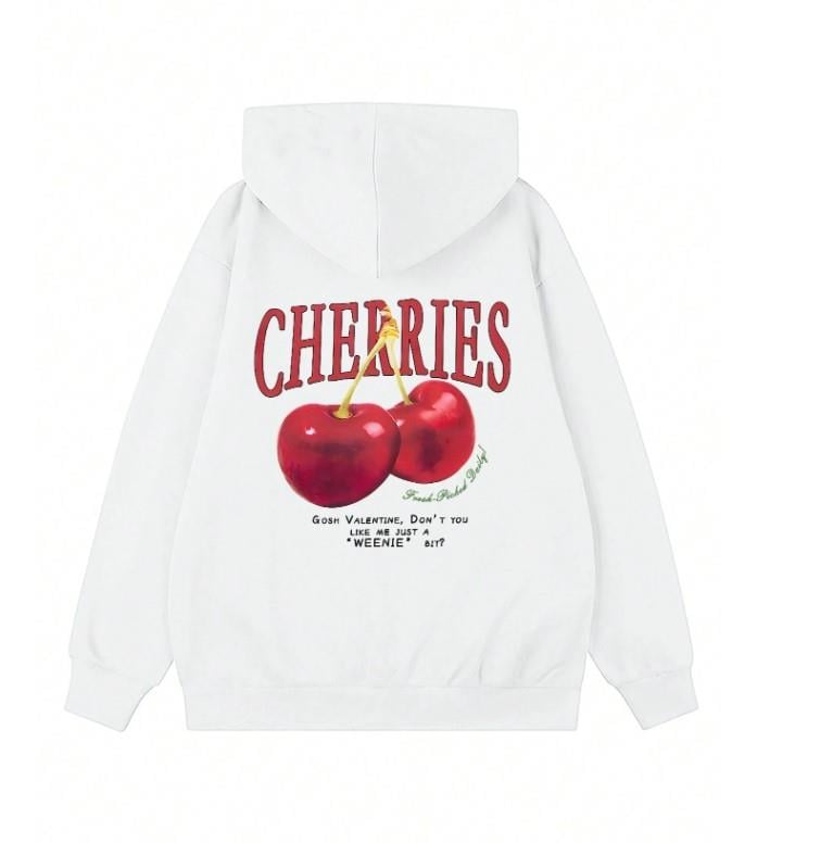 ESC BUTİK Street Wear Cherry Baskılı Oversize Unisex Ecru Kapşonlu Hoodie Sweatshirt