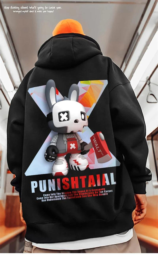 ESC BUTİK Street Wear PUNISHTAIAL Baskılı Oversize Unisex Siyah Kapşonlu Hoodie Sweatshirt