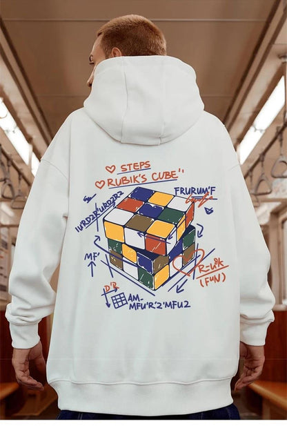 ESC BUTİK Street Wear Rubik Küp Baskılı Oversize Unisex Ecru Kapşonlu Hoodie Sweatshirt