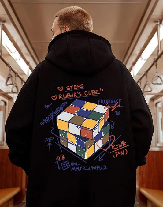 ESC BUTİK Street Wear Rubik Küp Baskılı Oversize Unisex Siyah Kapşonlu Hoodie Sweatshirt