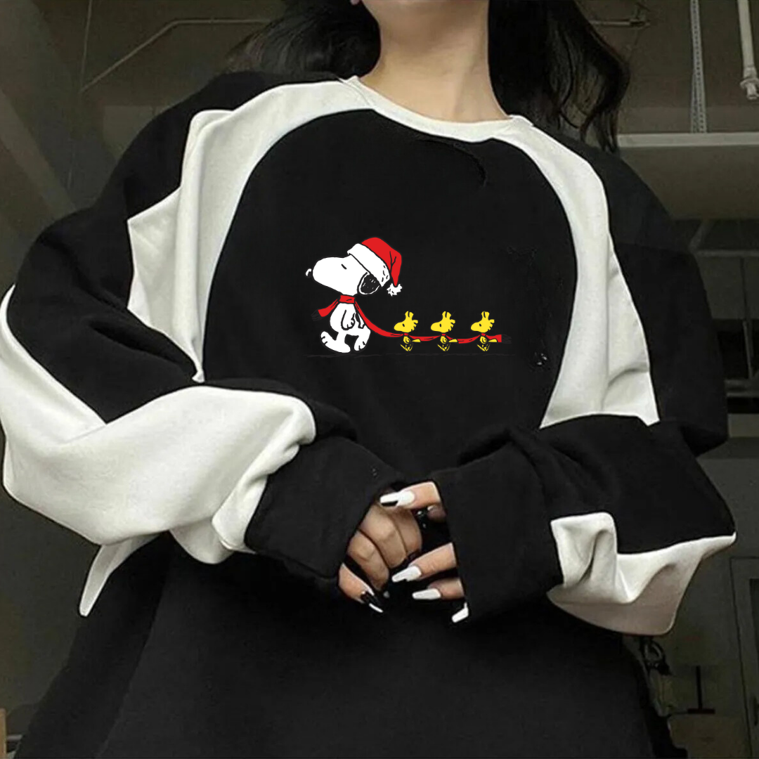 ESC BUTİK  Streetwear New Year Snoopy Baskılı Siyah Unisex Oversize Bisiklet Yaka Sweatshirt