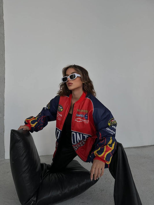 ESC BUTİK Streetwear Unisex İçi Astarlı Flame Yarışçı Kırmızı Bomber Ceket