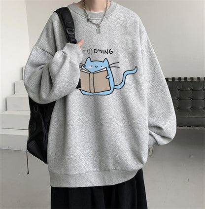 ESC BUTİK Studying Baskılı Gri Unisex Oversize Bisiklet Yaka Sweatshirt