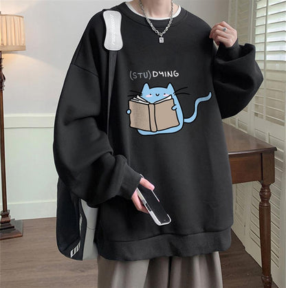 ESC BUTİK Studying Baskılı Siyah Unisex Oversize Bisiklet Yaka Sweatshirt