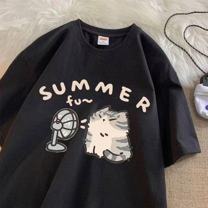 ESC BUTİK Summer Cat Baskılı Siyah Unisex Oversize T-shirt