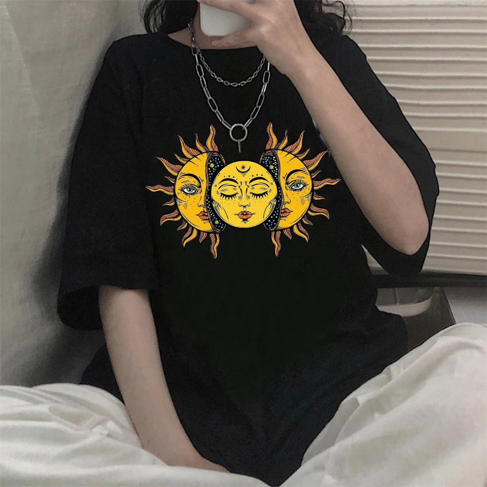 ESC BUTİK Sun And Moon Oversize Unisex Siyah T-Shirt