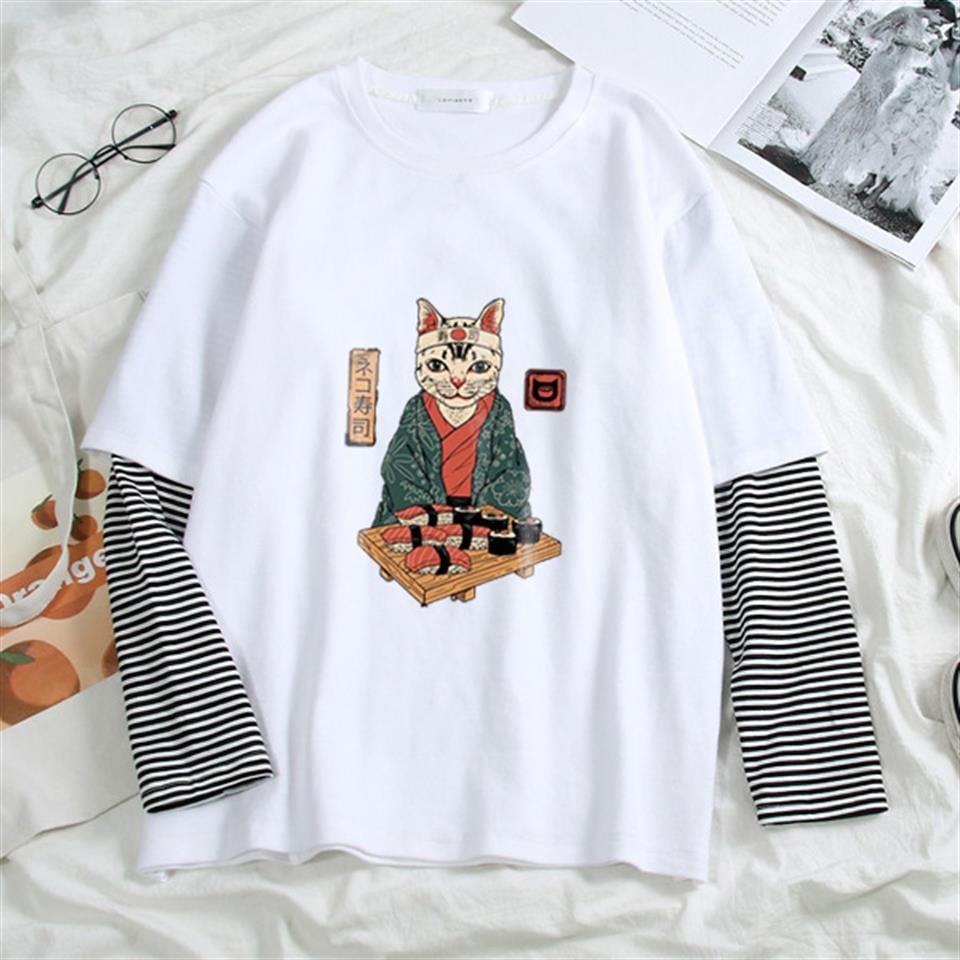 ESC BUTİK Sushi Cat Baskılı Fake Sleeves Unisex Beyaz T-shirt