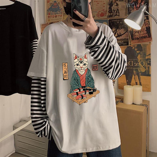 ESC BUTİK Sushi Cat Baskılı Fake Sleeves Unisex Beyaz T-shirt