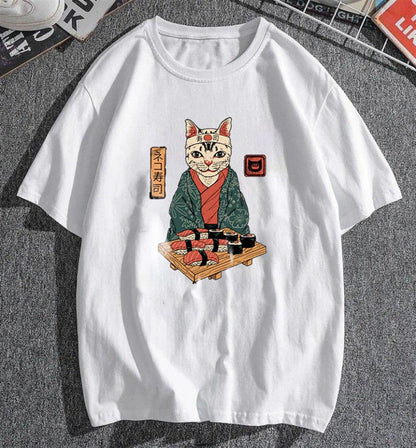 ESC BUTİK Sushi Cat Beyaz Unisex Oversize T-shirt