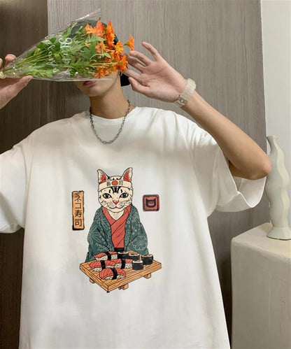 ESC BUTİK Sushi Cat Beyaz Unisex Oversize T-shirt