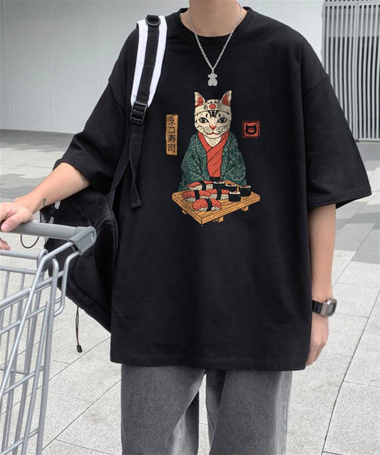 ESC BUTİK Sushi Cat Siyah Unisex Oversize T-shirt