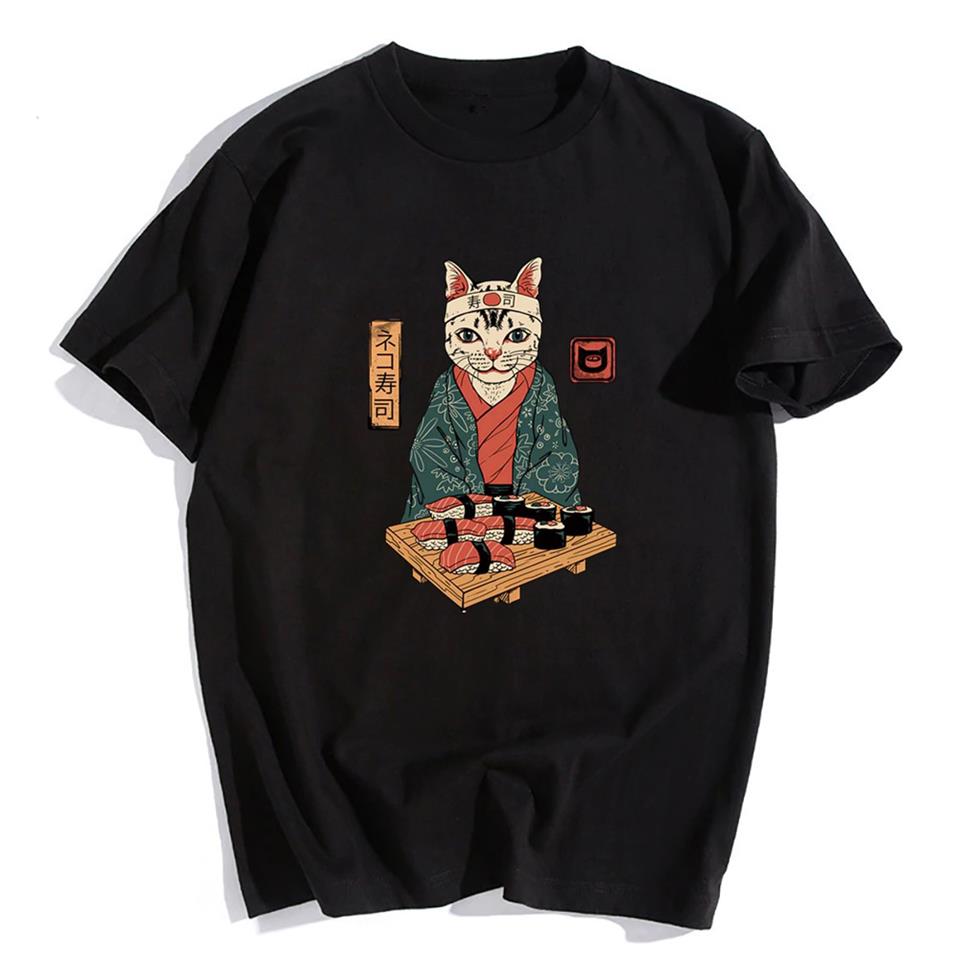 ESC BUTİK Sushi Cat Siyah Unisex Oversize T-shirt