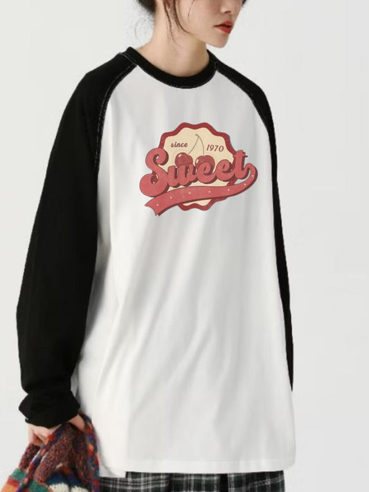 ESC BUTİK Sweet Reglan Uzun Kollu Baskılı Beyaz T-Shirt