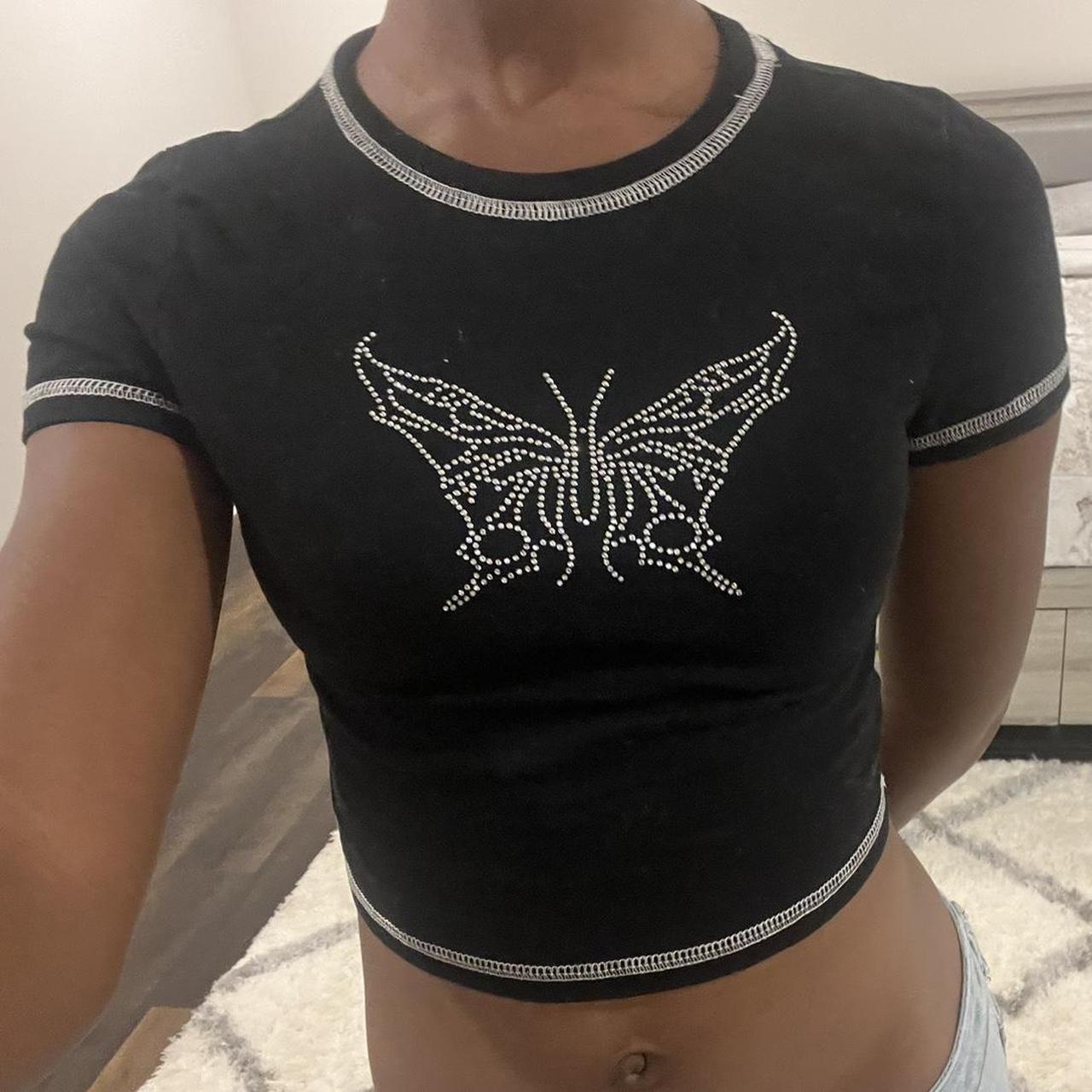 ESC BUTİK Ters Dikiş Taşlı Butterfly Crop Bluz