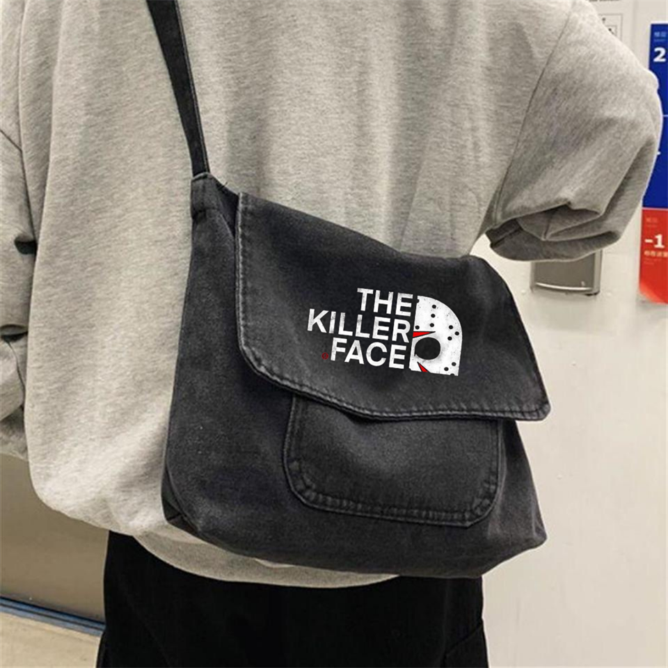 ESC BUTİK The Killer Face Baskılı Vintage Unisex Gri Kot Postacı Çantası