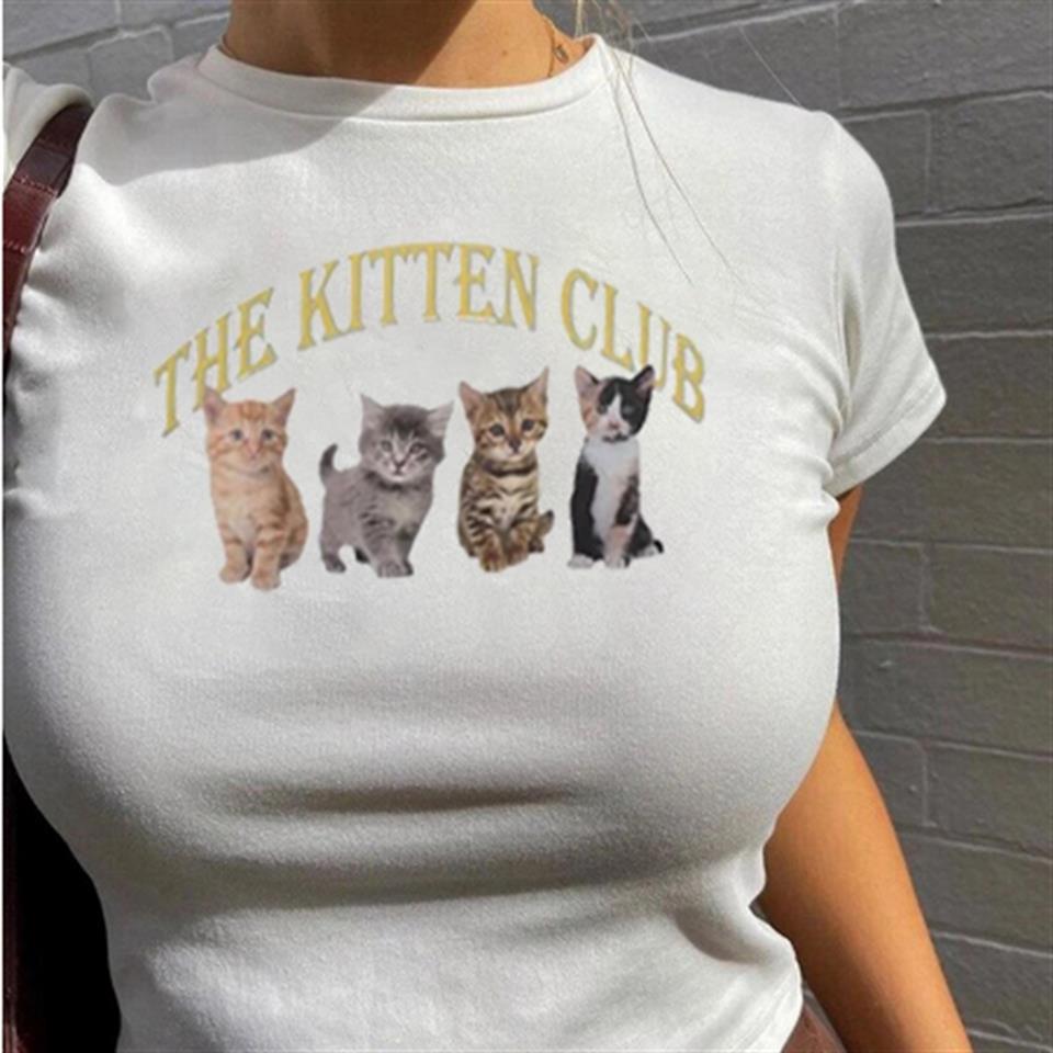 ESC BUTİK The Kitten Club Baskılı Beyaz Crop