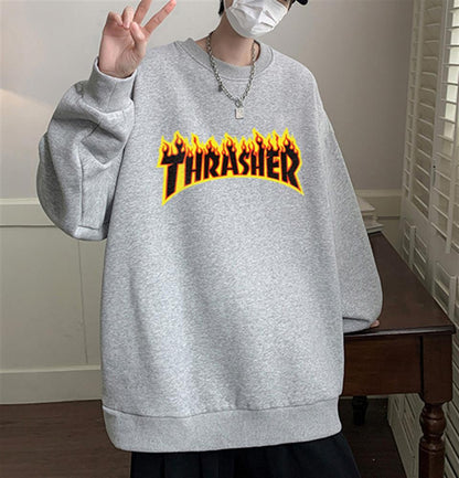 ESC BUTİK Thrasher Baskılı Gri Unisex Oversize Bisiklet Yaka Sweatshirt